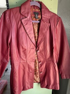 Vintage George Women's Burgundy Red Paisley Lining 100% Leather Blazer US 8/10